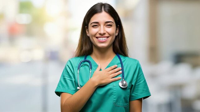 Feeling relieved. A young and kind female medical worker with her hand on her chest