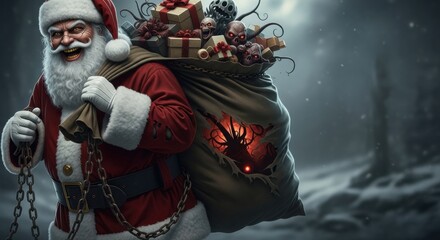 Sinister Santa Claus carrying a bag full of ghoulish gifts and monsters with glowing eyes, representing a dark Christmas concept for spooky holiday season.