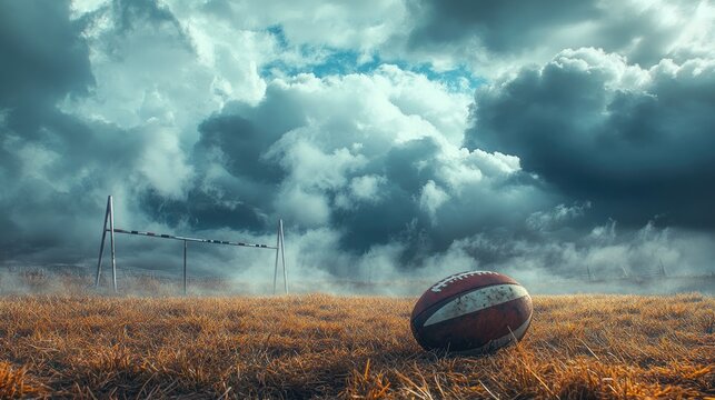 Rugby ball on a field under a dramatic, cloudy sky with goalposts in the background - Powered by Adobe