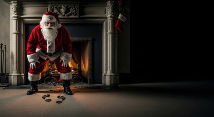 Whiskered man dressed as scary Santa Claus emerging from a fireplace, leaving sooty soot tracks on the floor for Christmas and New Year.