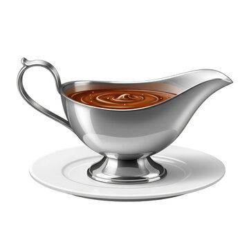 Realistic monochrome line drawing of a silver gravy boat with sauce inside on isolated pure transparent background