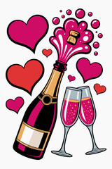 Pop art pink champagne bottle and glasses with hearts