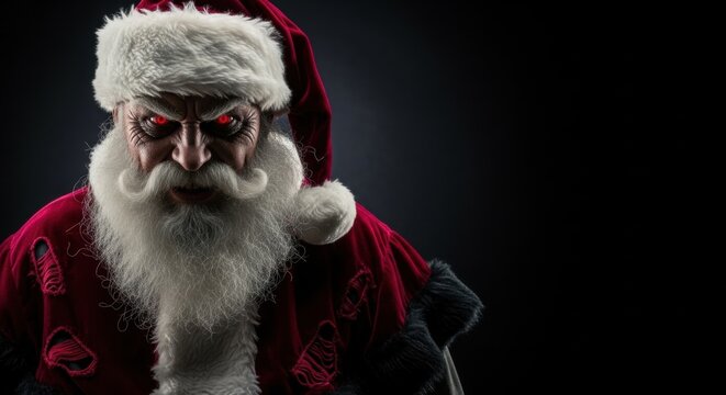 Scary Santa claus with glowing red eyes and a dark, weathered appearance on a black background. For horror Christmas or Halloween themed design. - Powered by Adobe