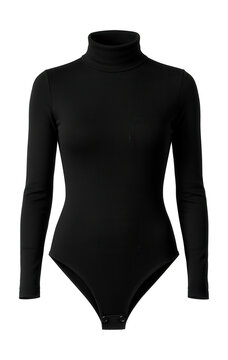 Long-sleeve black turtleneck bodysuit with snap closure, perfect for layering.
