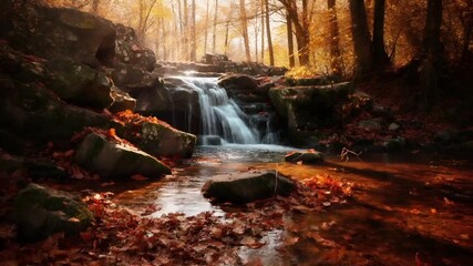 A vivid autumnal forest scene with a cascading waterfall surrounded by fallen leaves.