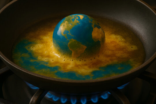 Planet Earth boiling violently in frying pan on flames - Powered by Adobe