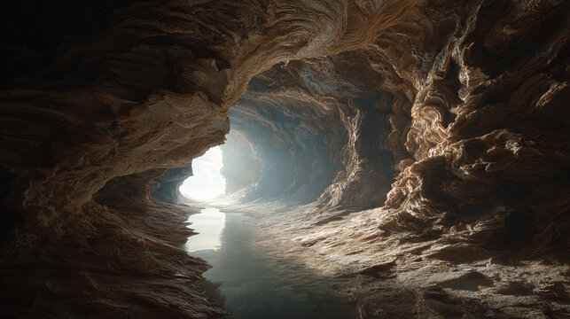 A mysterious cave entrance with a stream of water and natural light illuminating the interior, beckoning exploration
