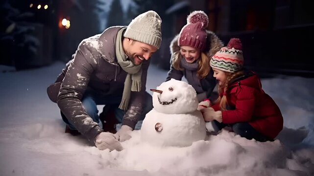 man building snowman in snowy environment with lights in backgroundgirl playing with snowman at winter wonderlandwoman and child building snowmen in snowy settingsnowman with carrot nose and two rou.
