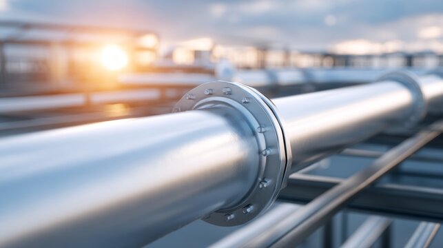 A long silver pipe with a silver fitting on it. The pipe is surrounded by a metal railing