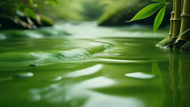 Serene Bamboo Forest Stream A Tranquil Nature Scene with Flowing Water and Lush Foliage