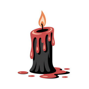 Dripping black candle with red wax and orange flame isolated on a transparent background image