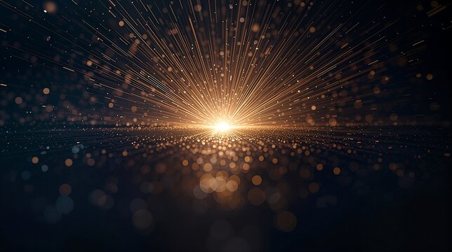 Radiant golden particles explode into a glowing horizon. Light beams stretch forward in a dramatic abstract scene. A luminous burst creates a futuristic digital atmosphere.