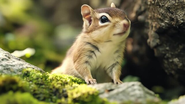Close up of a small chipmunk nestled in a mossy environment
