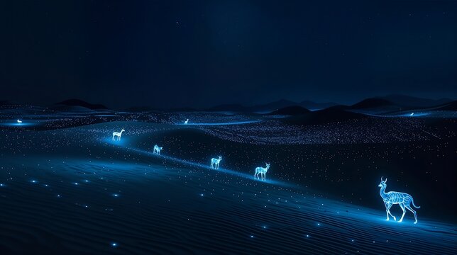Mystical glowing deer roam a silent desert at night. Ethereal blue light guides their journey. A surreal wildlife scene under a starry sky.