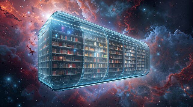 Futuristic space library floating among cosmic nebula clouds. Infinite knowledge preserved in a glowing capsule. Galactic archive travels beyond the stars.