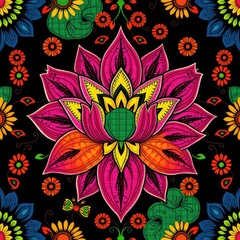 seamless floral pattern, Lotus Pattern, Intricate Mandala Lotus Pattern Art: Traditional Indian Folk Design, Bohemian Floral Wallpaper and Detailed Ethnic Artwork