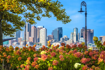 Boston skyline view from Piers park through nature frame