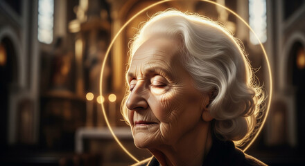 Golden halo effect surrounds peaceful elderly woman in a serene moment of contemplation indoors