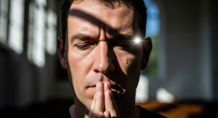Stern face in prayer illuminated by sharp window frame shadow in Protestant church setting