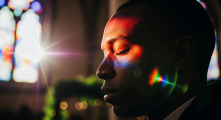 Young African man prays deeply in stained glass light during a Christmas service in a church