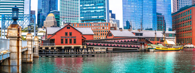 Boston, MA. Boston harbor and Tea party museum and ships replica view