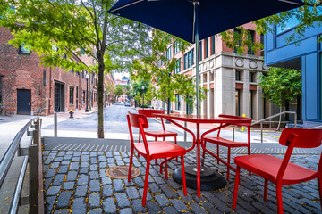 Boston, MA. Boston old cobbled steet cafe view