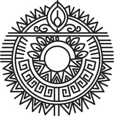 Intricate circular design featuring floral motifs and geometric patterns in a black and white illustration