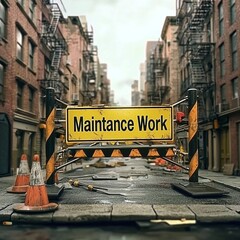 Urban street maintenance scene with yellow caution sign and tools on a quiet city block, highlighting construction work in progress.