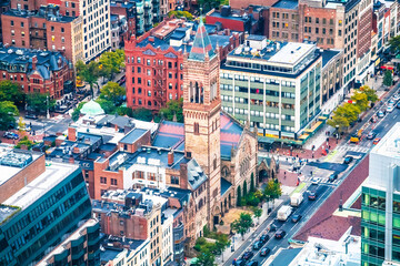 Boston, MA. Old South Church in Boston and rooftops aerial view