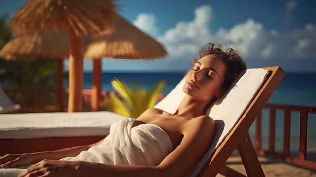 Tahiti bungalows. French Polynesia. woman relaxing on sun lounger at beachside resort with ocean view.