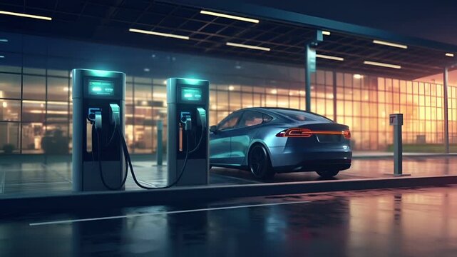 A detailed, highresolution digital rendering of a modern car charging station at night. The car is a sleek, silver , with a distinctive orange LED taillight.