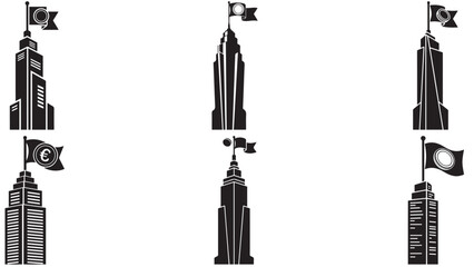 Fototapeta premium Minimal skyscraper with coin flag — corporate property and revenue marker icon for real-estate investment, asset value and urban finance