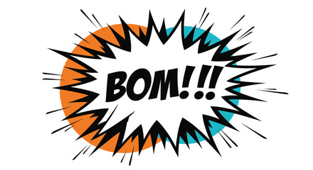 Comic book style speech bubble with the word BOM and exclamation points against an orange and teal background.