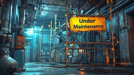 Industrial maintenance scene with scaffolding and caution sign in a dimly lit metal workshop