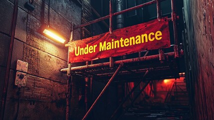 Dimly Lit Industrial Corridor with Prominent Under Maintenance Sign and Atmospheric Lighting