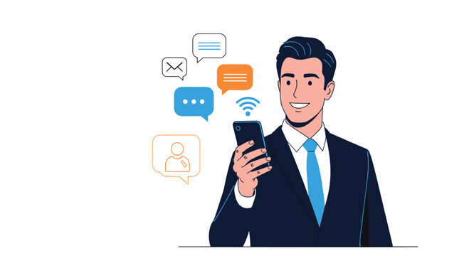 Smiling businessman in a suit looking at his smartphone surrounded by communication icons.
