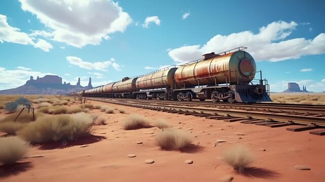 A vivid portrayal of a train in a desert landscape. The train, with its large cylindrical tank cars, is depicted in a side profile, moving along tracks.