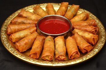 Delicious golden-brown spring rolls arranged around a dish of vibrant red dipping sauce on an ornate platter, perfect for an appetizer or party snack.