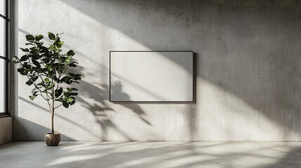 Modern minimalistic interior with a large blank picture frame and a potted plant casting shadows in natural light against a textured concrete wall.