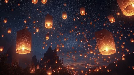 Ethereal Night Sky Filled with Glowing Lanterns During a Festive Celebration Against a Starry Backdrop