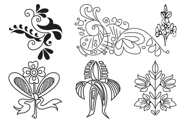 An assortment of delicate black and white floral and ornamental designs presented as decorative elements
