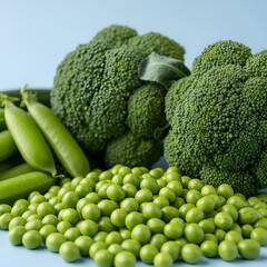 Freshly harvested green vegetables including broccoli florets and pods of peas