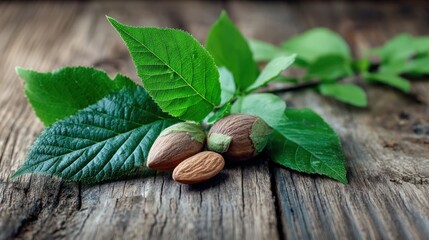 Almonds with Green Leaves on Rustic Wooden Surface.