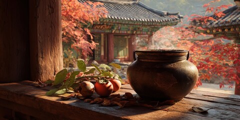 Autumn Serenity - A Still Life with Pottery and Persimmons in Korea.
