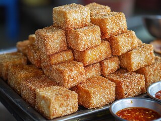 A tempting display of crispy golden fried tofu cubes stacked neatly with accompanying spicy dipping sauces ready to serve.