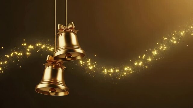 Golden christmas bells with bows and sparkling lights on a dark background, creating a festive atmosphere