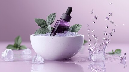 Refreshing composition of a purple serum bottle with mint leaves and ice cubes in a white bowl, highlighted by a splash effect on a pastel background.