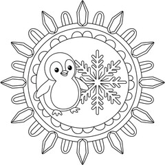 Cute cartoon penguin with snowflake in mandala design, winter theme, line art style isolated on white background, Vector, illustration