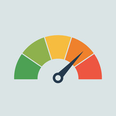 Gauge with colored segments indicating performance from green to red, pointing towards orange isolated on white background, Vector, illustration