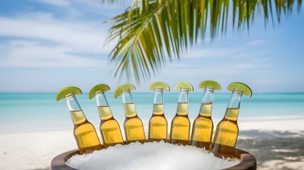 Beers in ice bucket with lime wedges on a tropical beach under palm tree
